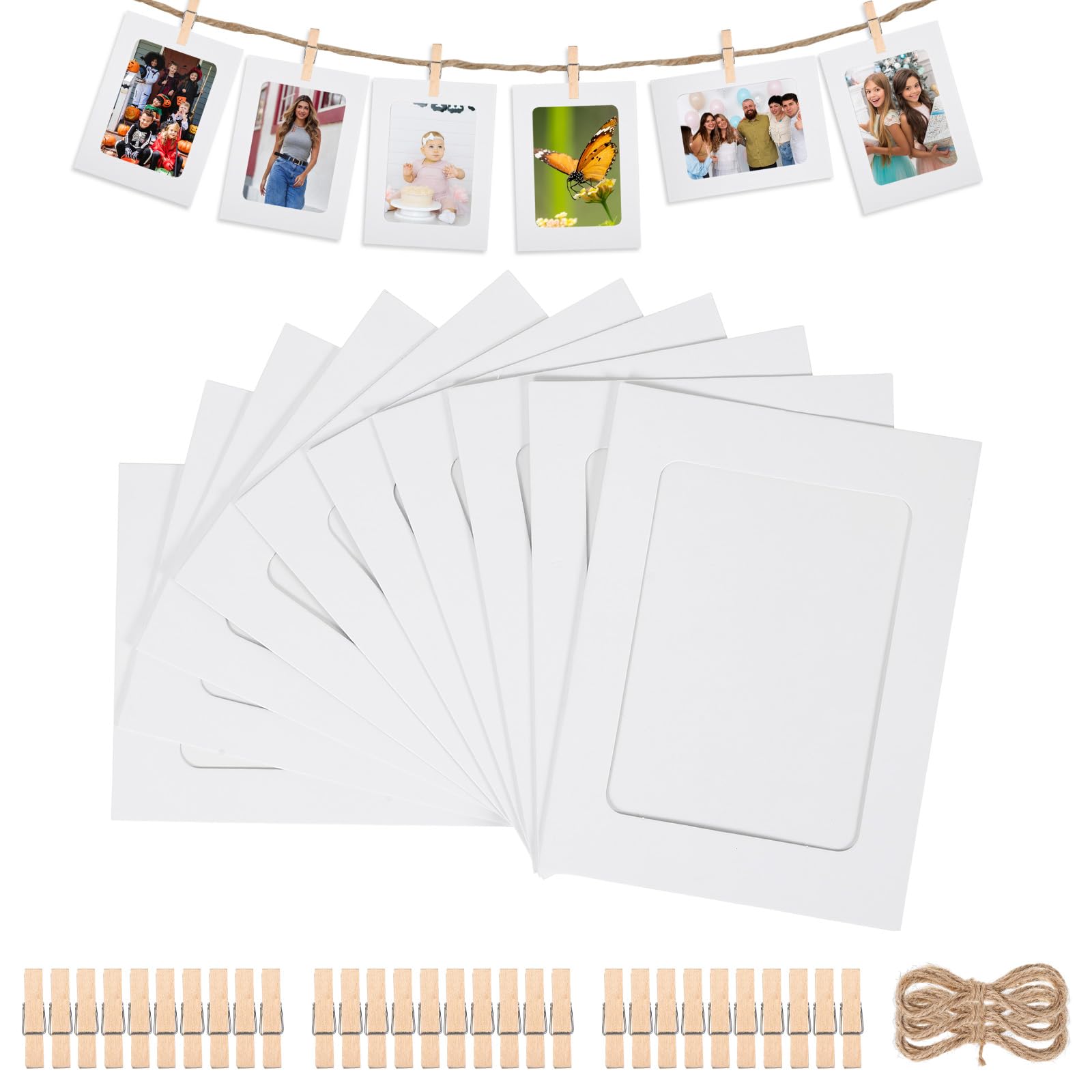 30 Pcs Cardboard Photo Frames for 6x4 Photo Paper, Hanging White Picture Frames with 30 Wooden Clips and 30 Hemp Ropes, DIY Wall Elegant Hanging Picture Mounts for Home, Office, or Party Decoration
