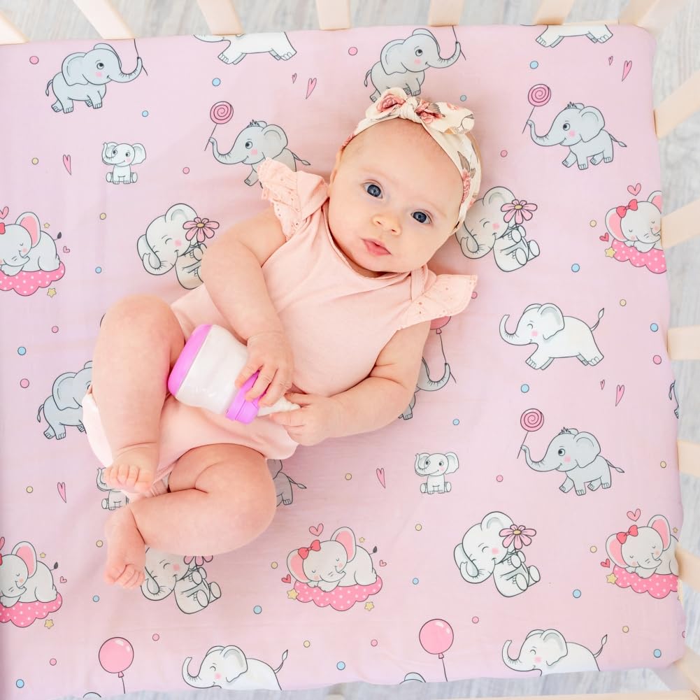 Juego de 4 sábanas para cuna de bebé, suaves, ajustadas, con diseño floral o elefante, fundas de colchón transpirables para bebés o niñas recién nacidas (elefante, sábanas para cuna)