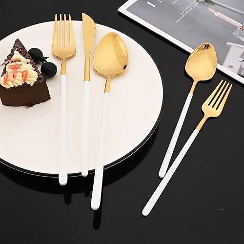 Miniatura 3 de JASHII Juego de cubiertos delgados de 20 piezas, acero inoxidable 1810 con chapado en oro de titanio, juego de cubiertos de mango blanco, incluye