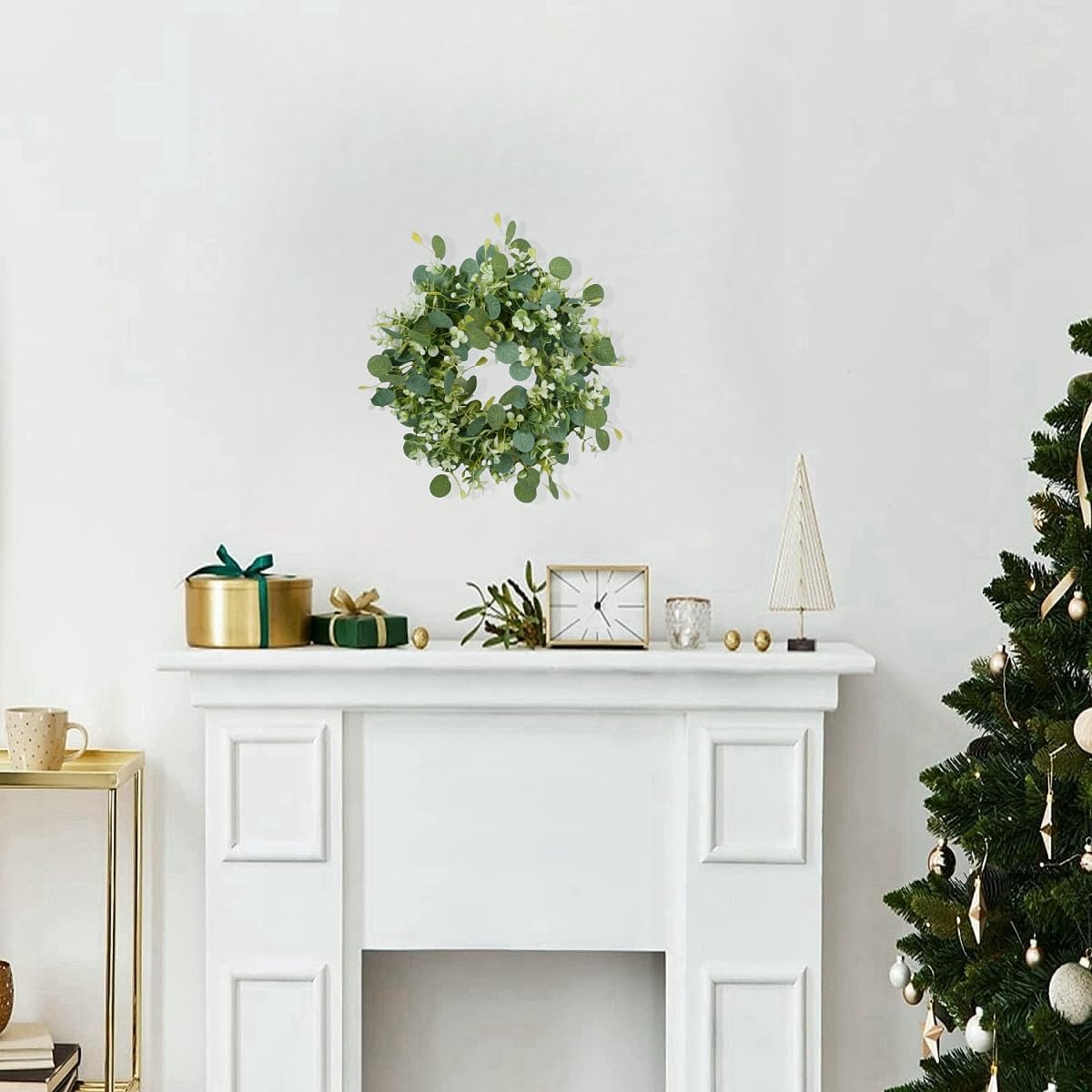 2Pcs Eucalyptus Green Wreath for Front Door, 11.8” Artificial Eucalyptus Leaves with White Flower Spring Summer Wreath for Wedding Wall Window Festival Farmhouse Garden Home Decor