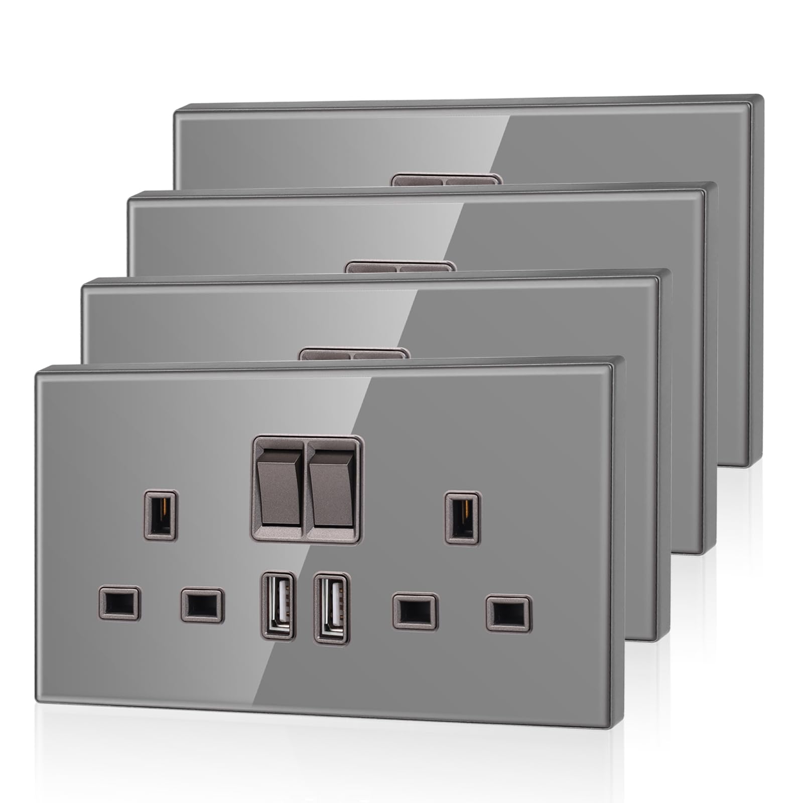 4 Pack CNBINGO Glass Double Switched Power Socket with 2 USB-A Charging Ports (2.1A Output), Electric Power Sockets 2 Gang 13 Amp, Grey Double Wall Outlet with Tempered Glass Panel