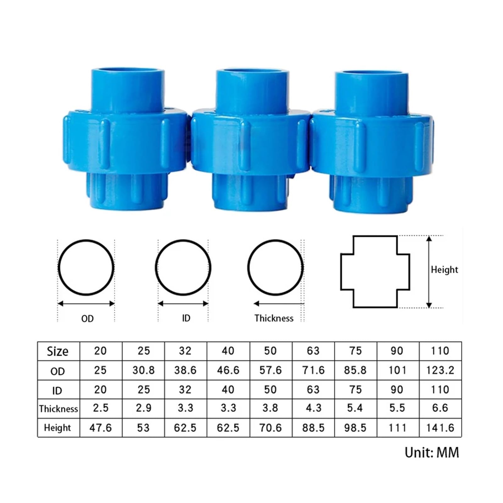 1 pz blu 20/25/32/40/50/63/75/90/110 mm PVC unione connettore acqua acqua tubo tubo accoppiamento giunti raccordi irrigazione giardino(5 PCS_50MM)