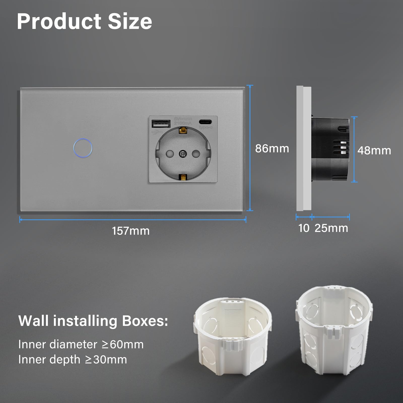 BSEED Interruptor táctil y enchufe pared,Toma de corriente con USB C,Panel de Vidrio con pulsador LED,Sin Función Wifi,1 Gang 1 Vía+1 Enchufe USB/Tipo C,157mm Gris - 4