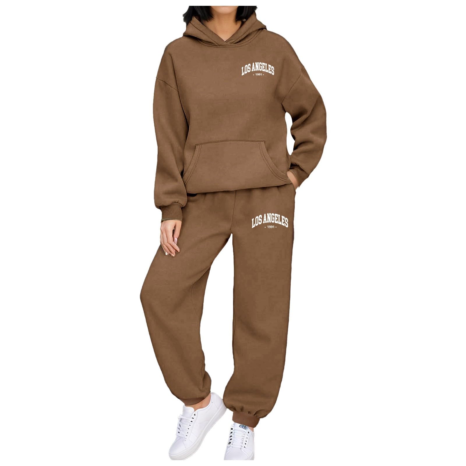 Completo da donna con pantaloni a due pezzi e graziosa felpa con cappuccio a maniche lunghe con stampa inglese