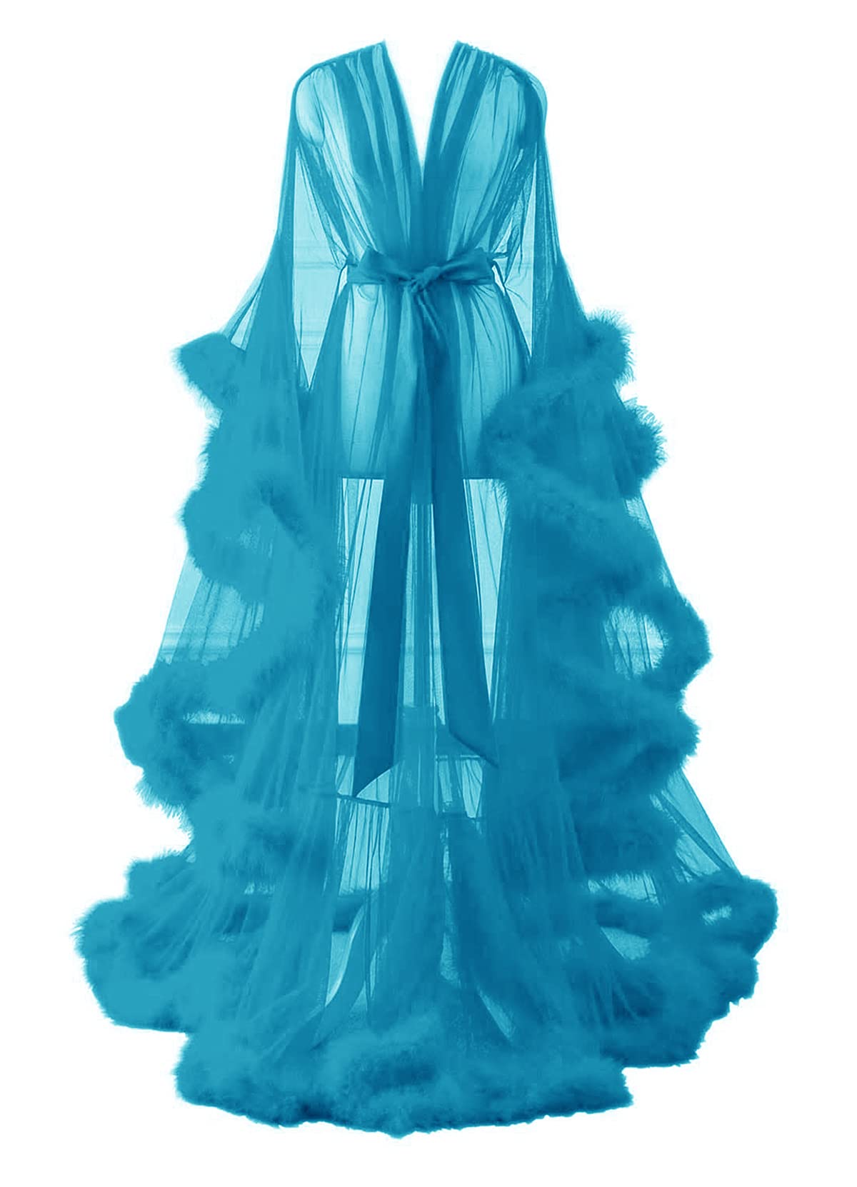 Changuan Sexy Feather Robe Long Fur Tulle Robe Sheer Lingerie Maternity Photoshoot Dress Sleepwear Nightgown Bathrobe: Large-X-Large Blue