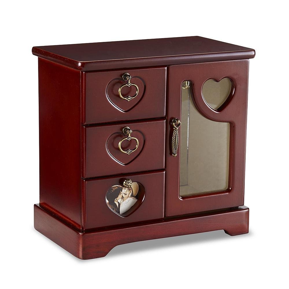 Wooden Walnut Jewelry Box 3 drawers with photo framed shape of heart D: 8" 8" 4-3/4"