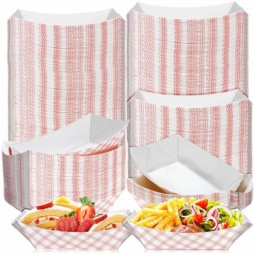 MotBach 160 Pack Checkered 2Lb Paper Food Boat Trays Disposable Paper Boats Containers, Colored Kraft Food Serving Tray Boats Plates for Snack Fries Sandwich Popcorn Dessert Taco BBQ Nacho