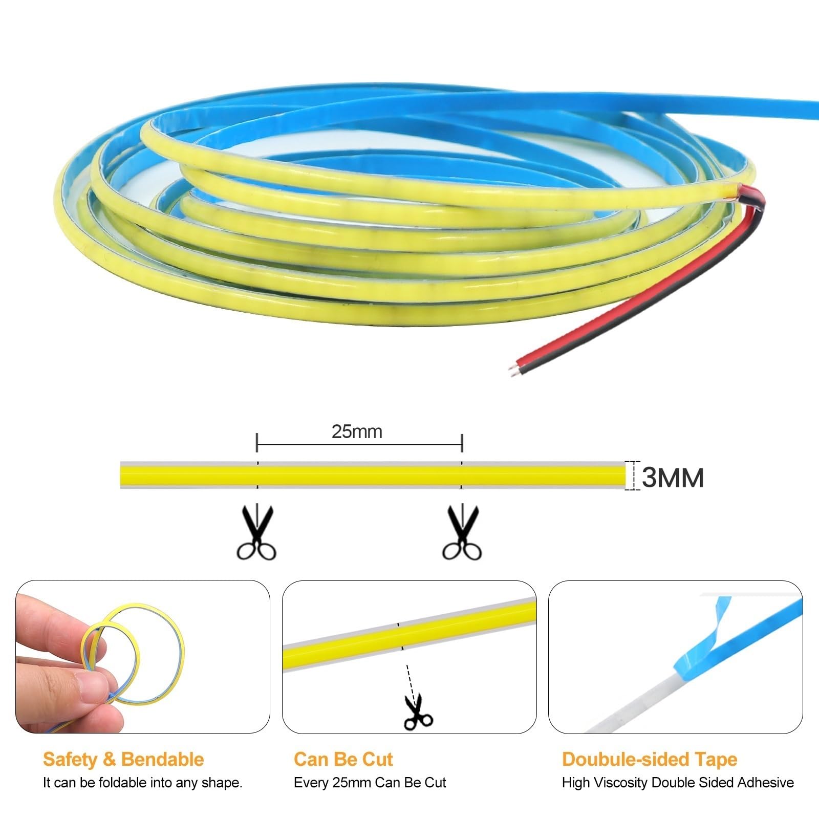 Taśma LED o szerokości 3 mm DC 12 V COB | 320 diod LED/M o wysokiej gęstości, biały/różowy/czerwony/żółty, podświetlenie telewizora (niebieski_5 m)
