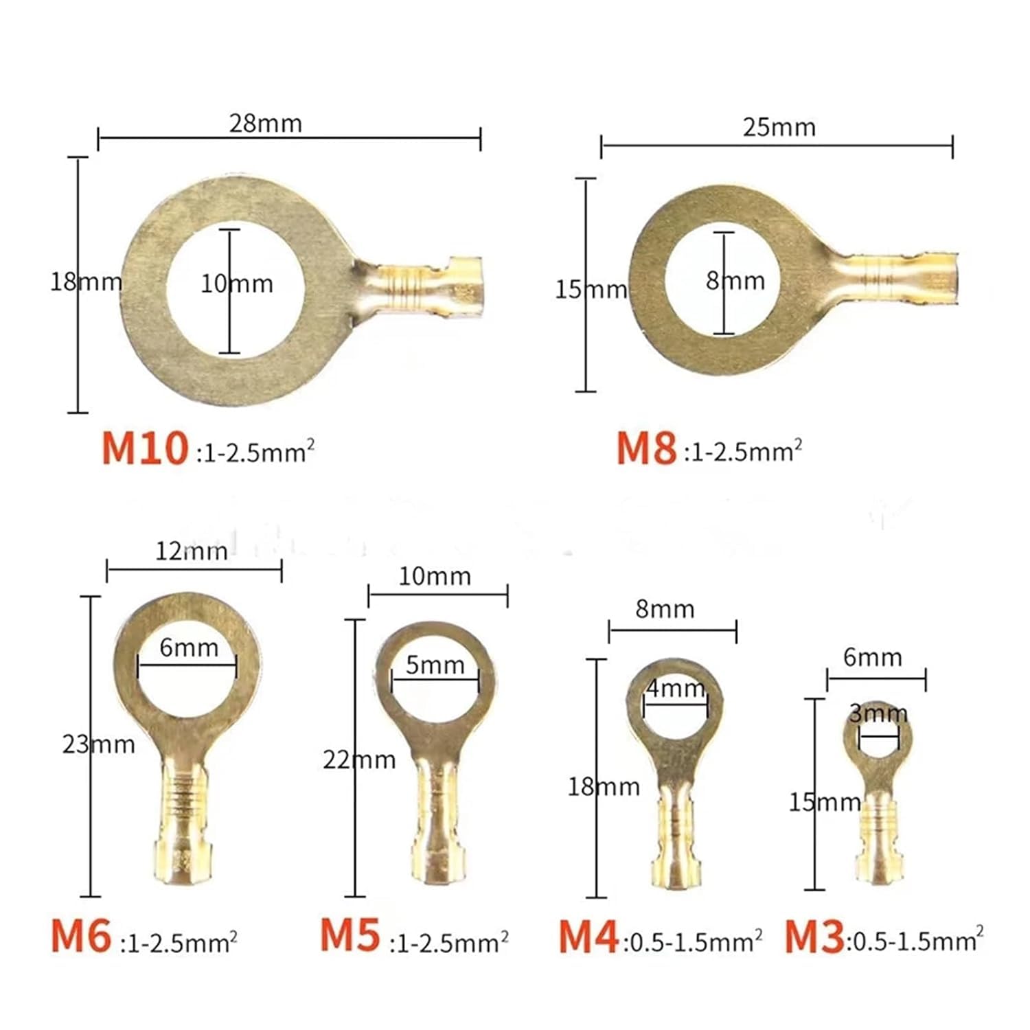 Lot de 150 cosses à anneau M3/M4/M5/M6/M8/M10 en cuivre à sertir - Kit d'assortiment non isolé - 17072