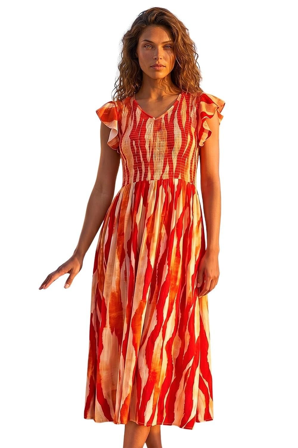 Roman Originals Floral Print Shirred Midi Dress for Women UK - Ladies Everyday Holiday Spring Summer Round Neckline Comfy Soft Evening Vacation Work Party - Red Orange - Size 18