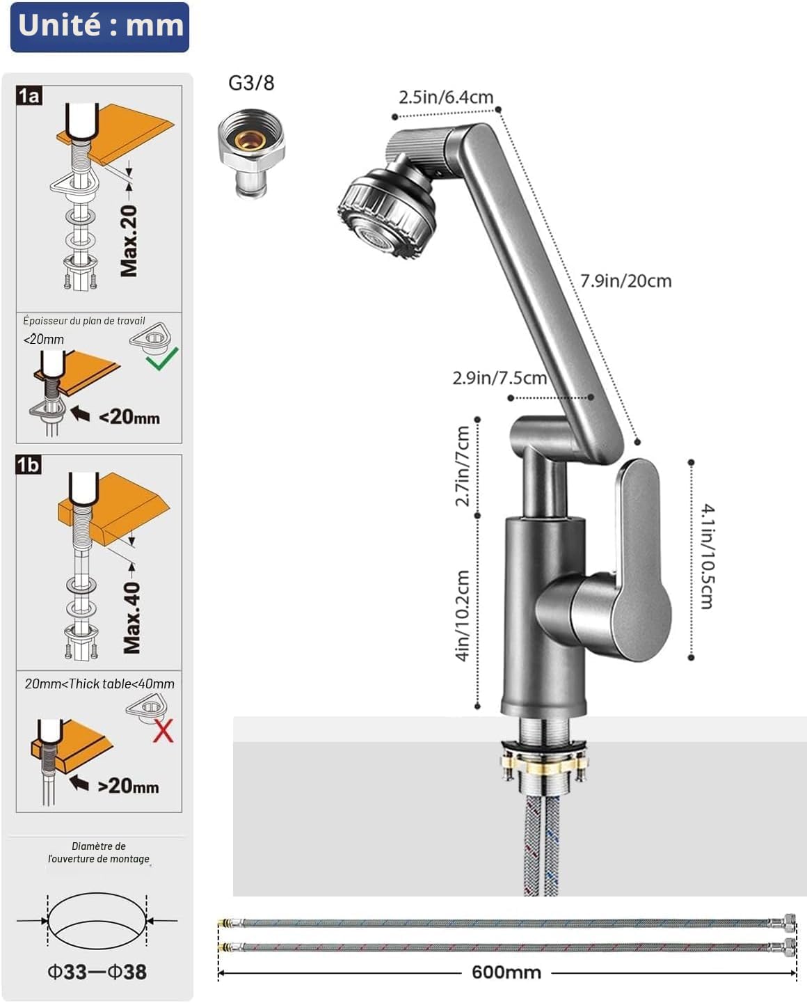 Flexible Robinet Cuisine, Robinet Mitigeur Cuisine, Robinet Cuisine Douchette, Pivotant à 360° Mitigeur Evier en Acier Inoxydable Gris Brossé, 2 Modes de Jet, Livré avec 2 Flexibles 3/8"