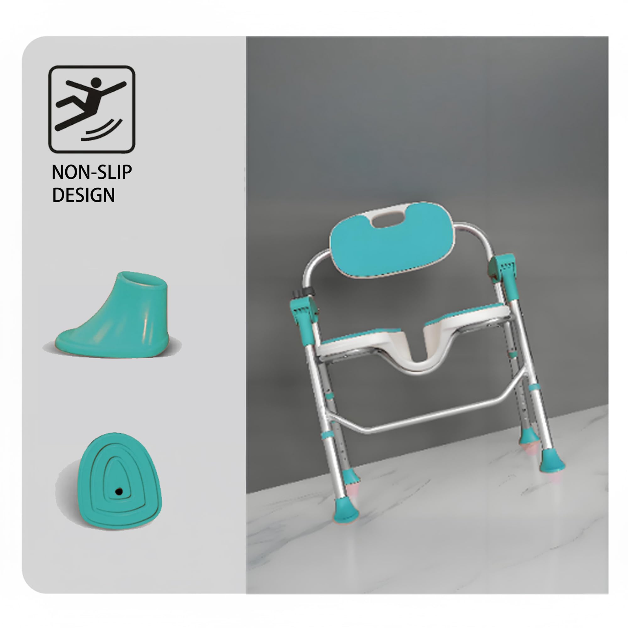 Silla de ducha plegable con brazos y respaldos, asiento en forma de U 3D, altura ajustable y asiento interior antideslizante para discapacitados, ancianos, futuras madres y adultos