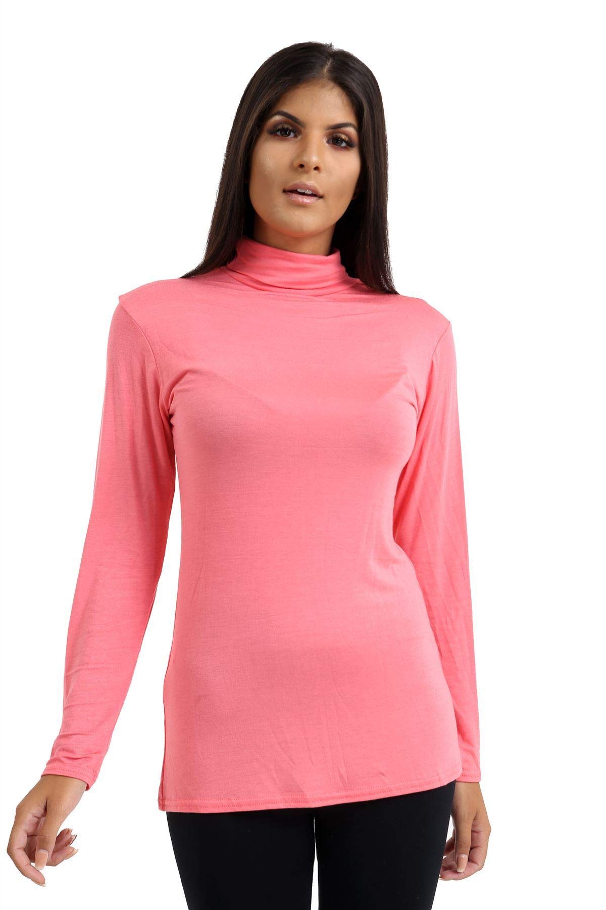 Janisramone Women's Coral Long Sleeve Turtle Polo Neck T-Shirt Slim Fit Jersey Casual Basic Plain Tee Vest Top
