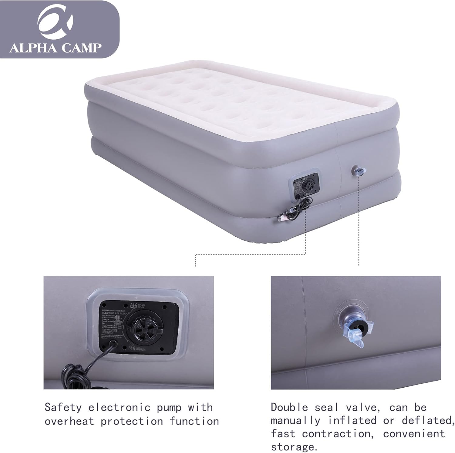 ALPHA CAMP Air Mattresses with Built in Pump, 18inch Twin Size Inflatable Flocked Top Airbed for Camping Travel Guests Home, Storage Bag & Repair Patch Kit Included : Sports & Outdoors