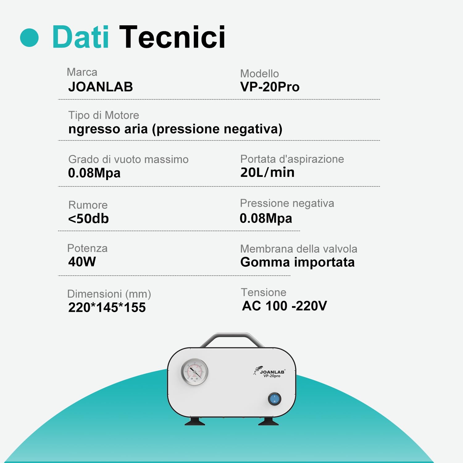 JOANLAB Pompa Vuoto Senza Olio, Regolabile 20L/min & 0.08MPa, Pompa Vuoto a Membrana per Filtrazione Laboratorio, Ricerca, Industriale(VP-20PRO)