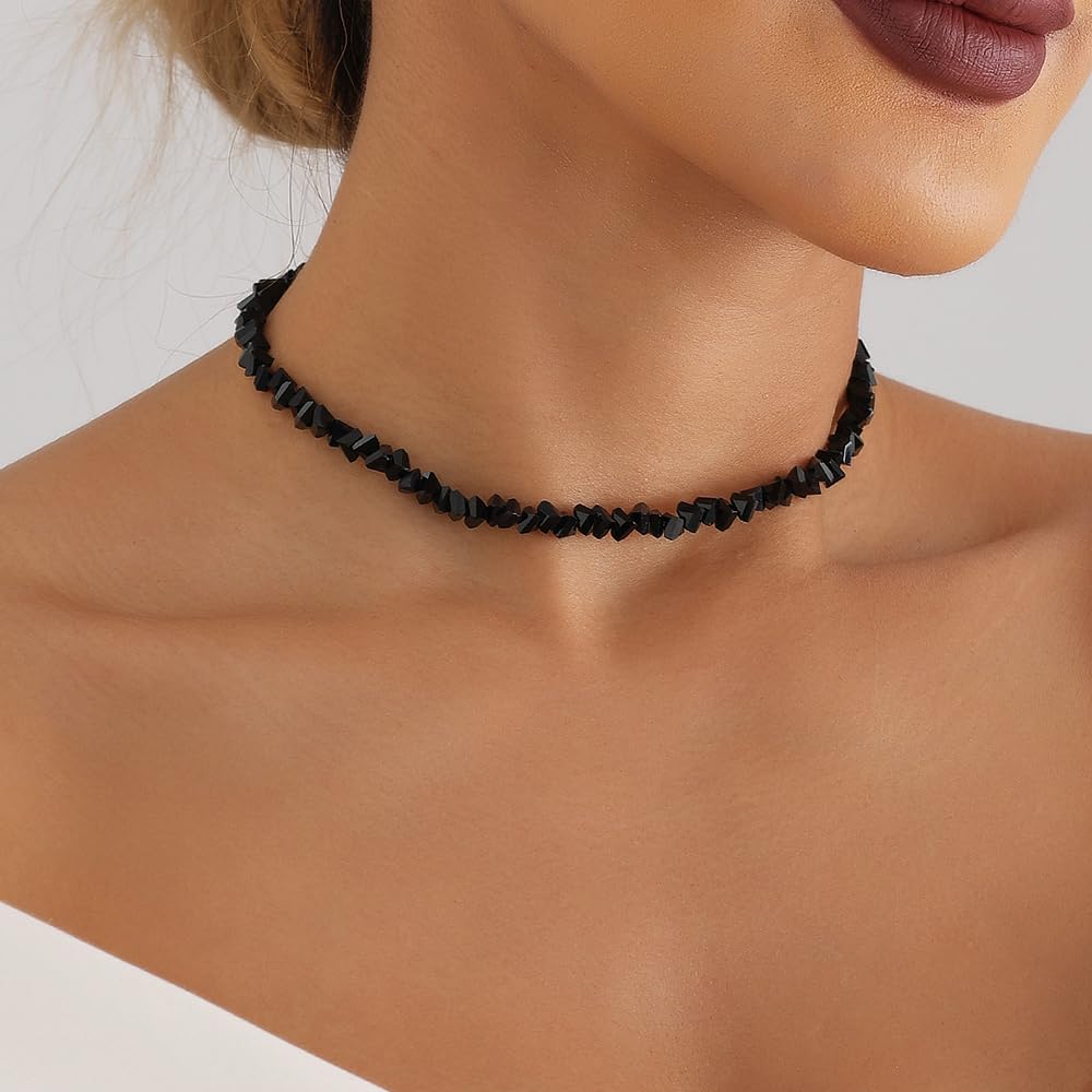 Octwine Black Simple Crystal Choker Necklaces for Women Trendy Retro Beads Round Chunky Multi Layered Halloween Necklace Dainty Black Punk Choker Necklaces for Women (Black 1)