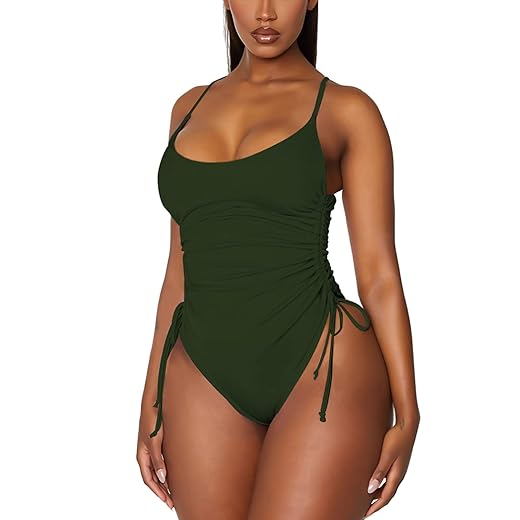 Viottiset Women's Ruched High Cut One Piece Swimsuit Cheeky Tummy Control Bikini Army Green Large