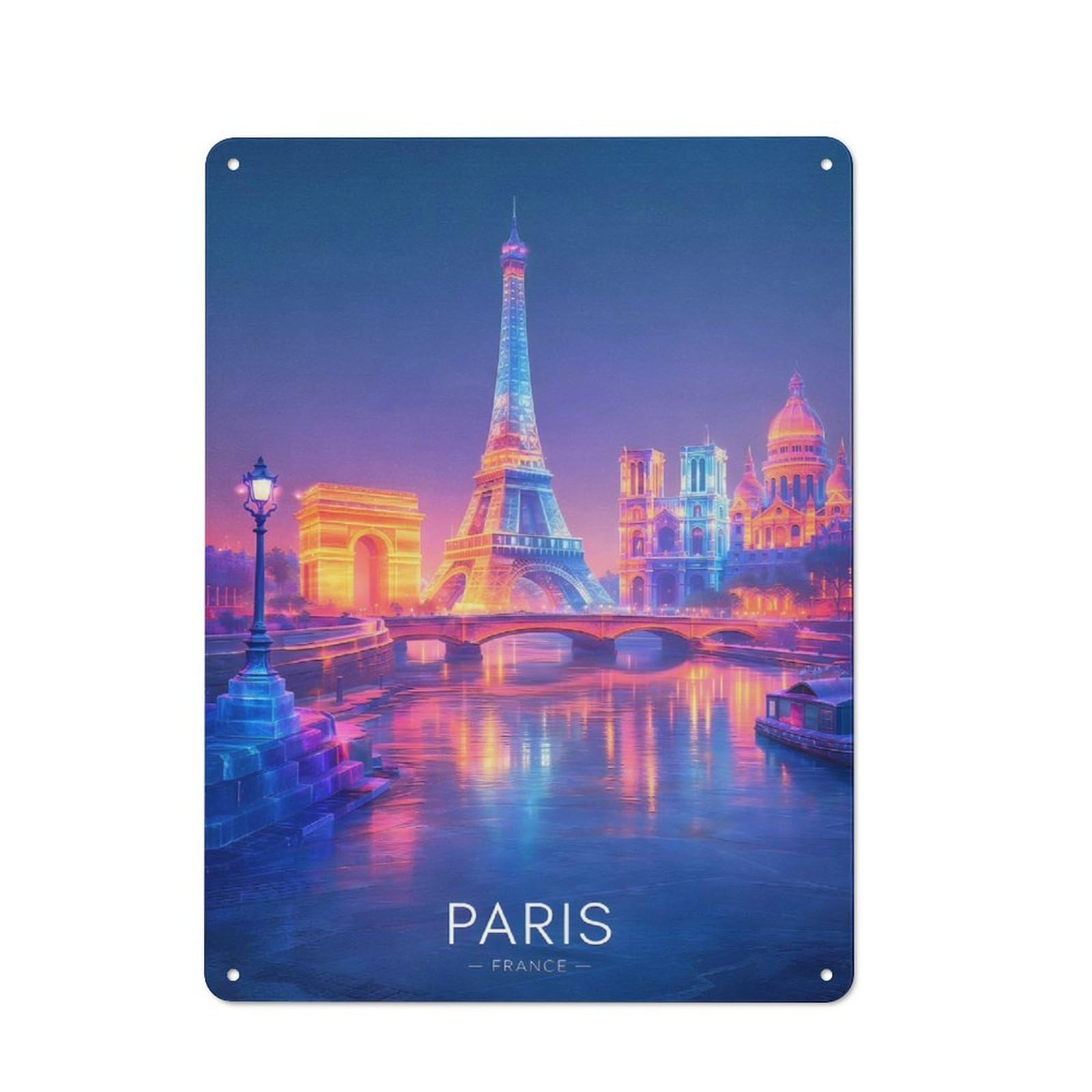 Junmoney Style-22 Vintage Vintage Tin Sign 40X30cm Featuring Parisian Nightscape With Landmarks, Cafe Wall Decor For Coffee Bar, Kitchen, Bistro Or Tea Corner