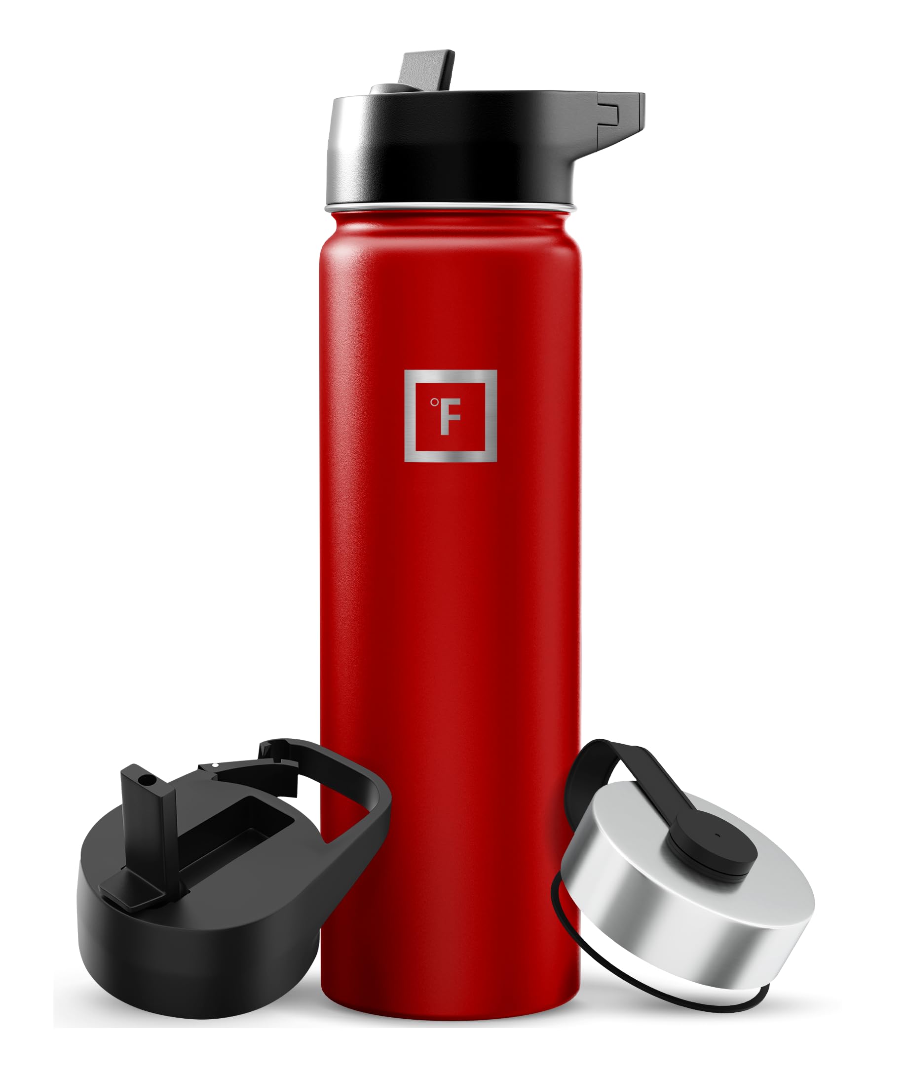 IRON °FLASK Camping & Hiking Hydration Flask with Straw, Wide Mouth Insulated Stainless Steel Sports Water Bottle - 22 oz Fire Red
