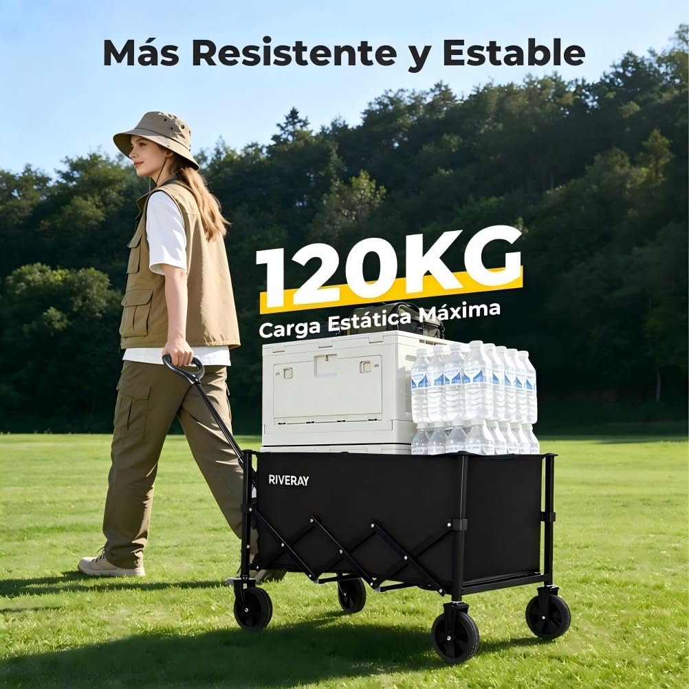 Carro Plegable con Ruedas, Capacidad 120L/120KG, Mango Ajustable y Ruedas Desmontables, Carrito Transporte Todoterreno para Camping, Compra o Jardín