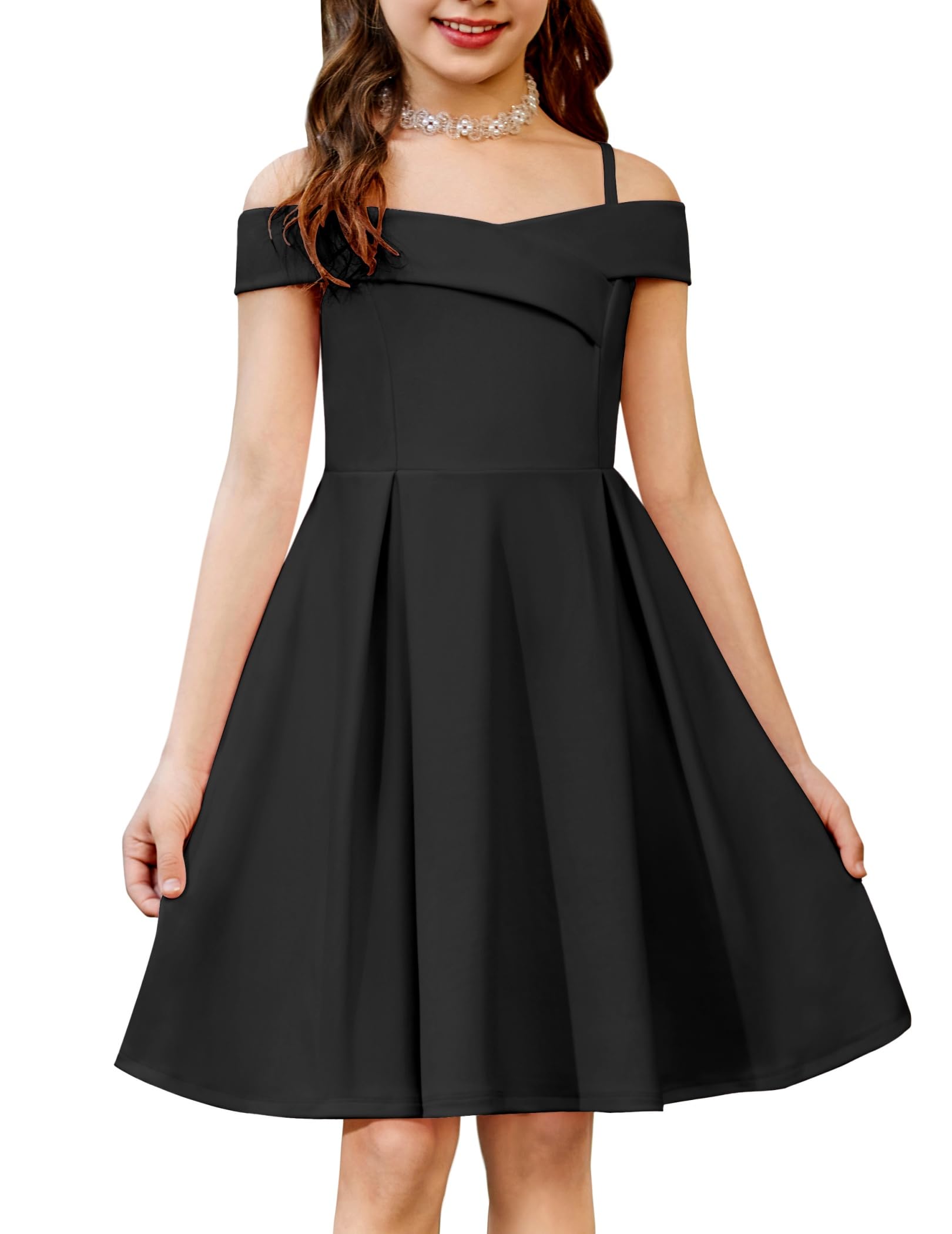 Arshiner Girls Summer Dress Off Shoulder Fold Pleated Formal Elegant A-Line Party Dresses with Pocket