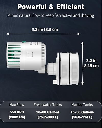 Miniatura 6 de Pawfly Wave Maker para acuario, cabezal de potencia de acuario de 550 gph, fabricante de ondas sumergible silencioso para peceras de 15 a 80