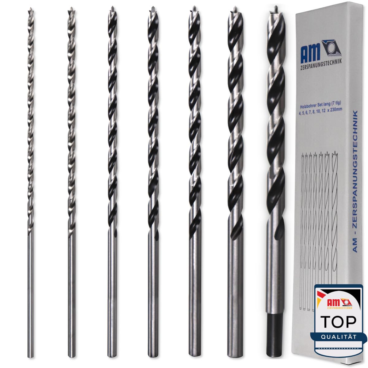Juego de brocas para madera largas (7 piezas) | Juego de brocas de serpiente Ø4, 5, 6, 7, 8, 10, 12 x 230 mm, juego de brocas profesionales para madera, brocas en espiral para