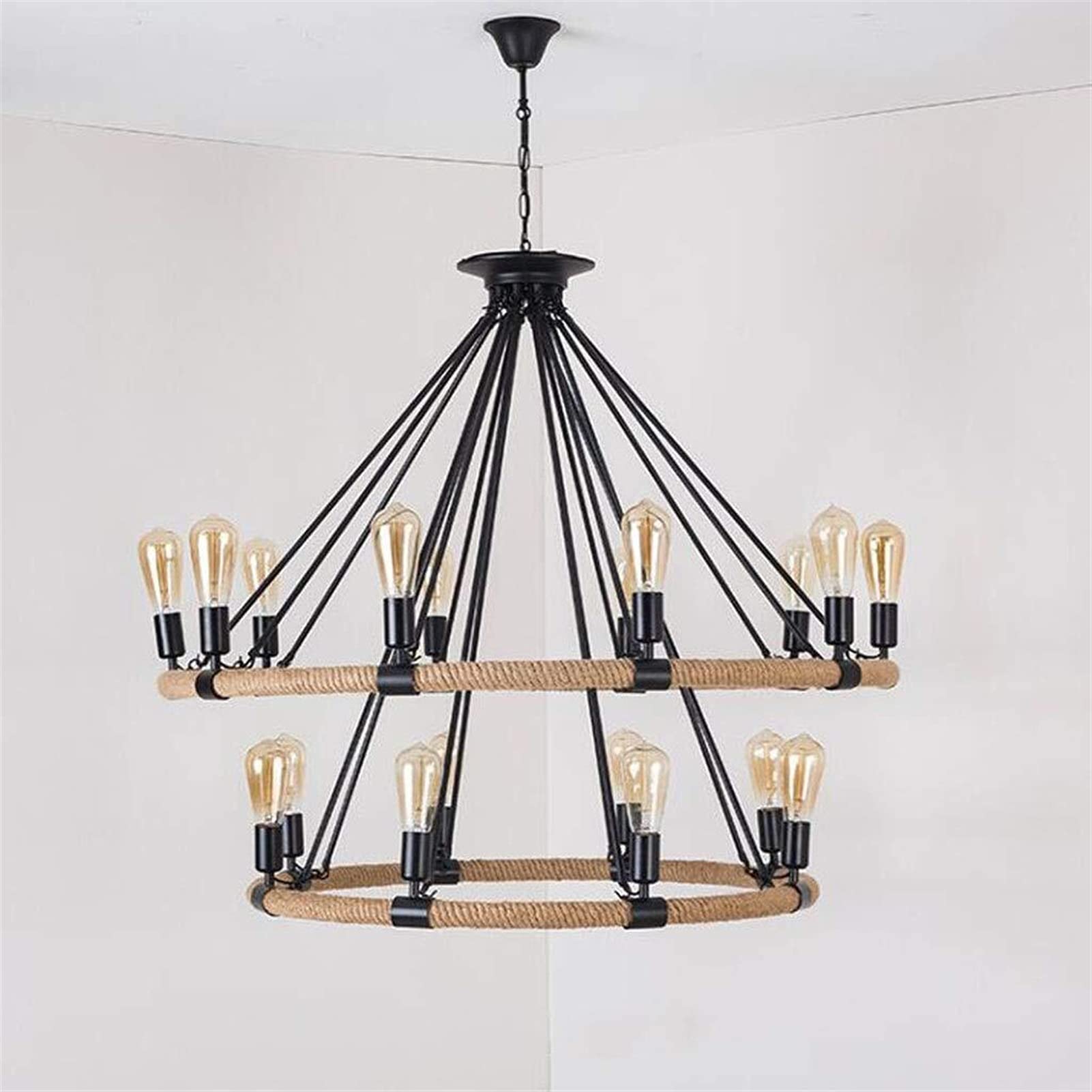 Lampadario in corda di canapa intrecciata a mano, illuminazione a più teste, mobili in ferro battuto, a doppio strato, rotonda, per libreria, hotel, luci decorative retrò.