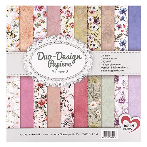 Ideen mit Herz Papel Duo-Design | bloc con 20 hojas | 25 x 25 cm | 250g/m² | impreso por ambas caras | papel de diseño, con motivos | ideal para scrapbooking (Flores 03)
