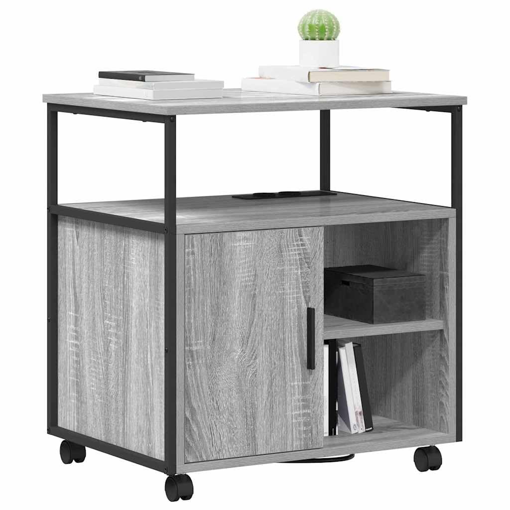 Cabina Con Stazione Di Ricarica Grigio Sonoma 61x46x67 Cm | Legno multistrato, telaio in acciaio, 3 ripiani regolabili, ruote, per ufficio domestico