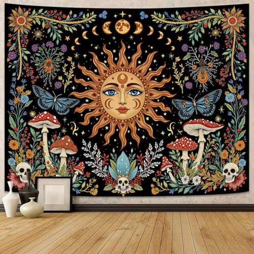 Lunerfex Celestial Sun Mushroom Skull Wall Tapestry - Moon Phase