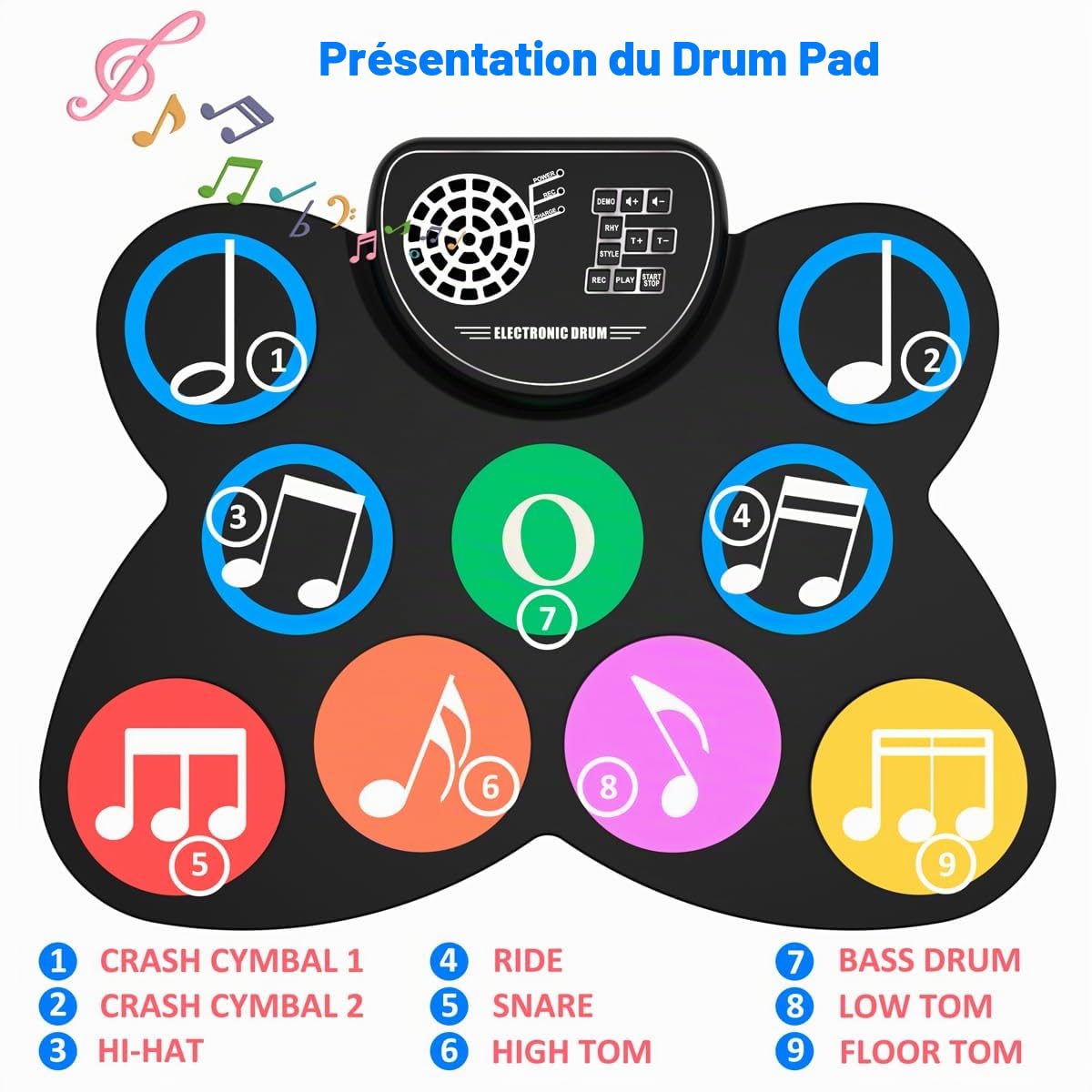 BATTERIE ELECTRONIQUE ENFANT - Portable et Repliable avec 9 Pads, 3 Toms, 2 Crashes, 1 Hi-hat, 1 Ride, 1 Snare, 1 Bass Drum, Haut-parleurs Intégrés et Prise Casque - Idéal pour Noël
