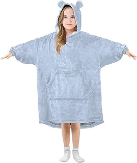 ODAWA Light Steel Blue Wearable Blankets Warm Gifts for Kids Teen Girls Boys Soft Comfortable Flannel Hooded Blanket