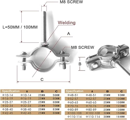 Miniatura 2 de 304 # Acero inoxidable M8 rosca varilla tubo abrazadera tubo tubo abrazadera macho abrazadera de tubo de rosca macho abrazaderas de clip tornillos