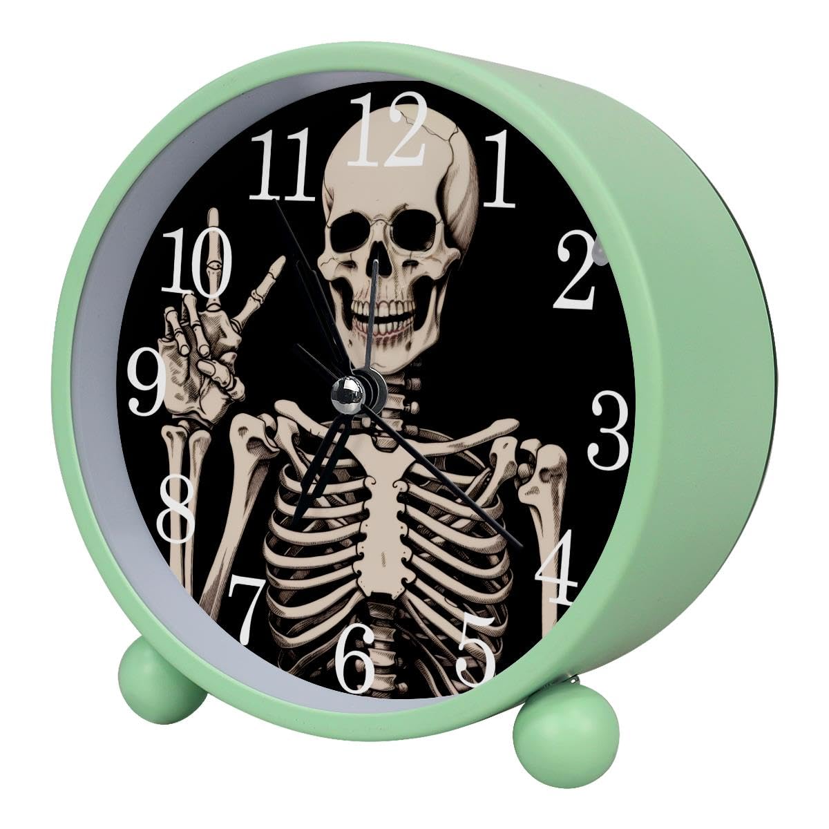 Luoweisi Alarm Clock Human Skeleton, Silent Non-Ticking with Night Light, Round Metal Alarm Clock for Office, Battery Operated, Bedroom, Elderly, Adults, Children, Student Gifts