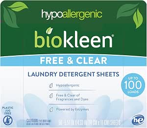 Biokleen Laundry Detergent Sheets - Dye & Fragrance Free, Hypoallergenic, 100 Loads