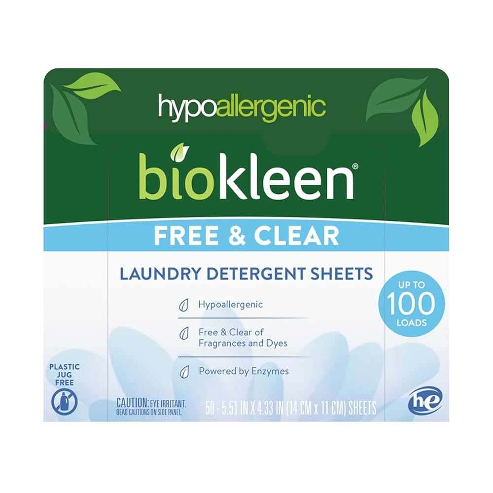 Biokleen Laundry Detergent Sheets - Dye & Fragrance Free, Hypoallergenic, Enzymatic Cleaner, Stain Remover, Bio Active Formula, No Plastic Jug, Unscented, 100 Loads