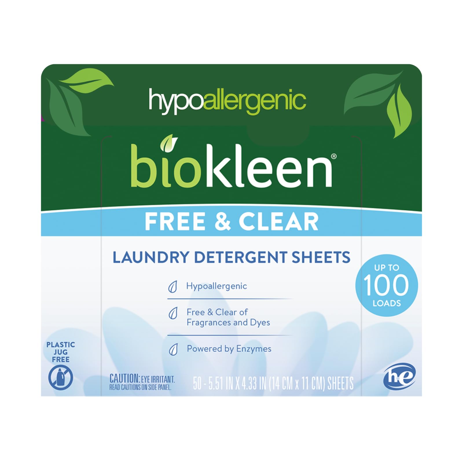 Biokleen Laundry Detergent Sheets - Dye & Fragrance Free, Hypoallergenic, Enzymatic Cleaner, Stain Remover, Bio Active Formula, No Plastic Jug, Unscented, 100 Loads