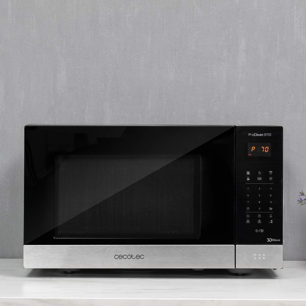 Cecotec Mikrowelle Pro Clean 6110. 800 W, Grill 1000 W, 23 L, Ready 2 Clean Beschichtung 3D Wave Frontspiegel 8 Programme, 100 Min Timer, LED, Edelstahl In Schwarz Silber