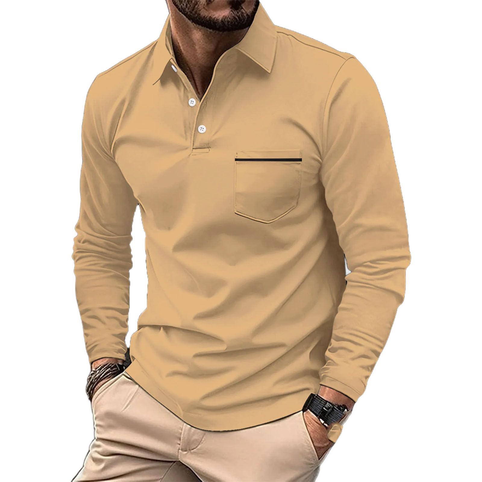 Polo da uomo a maniche lunghe, con tasca a bottone, manica lunga, traspirante, sportiva