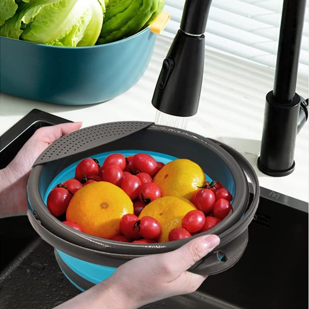 DUNAKE Faltbarer Eimer Camping, Putzeimer Mit Griff, Faltbare Silikon Eimer, Zusammenklappbares Waschbecken, Faltbares Waschbecken Mit Abnehmbarem Sieb Für Gemüse, Obst (Color : Green, Size : 5L)