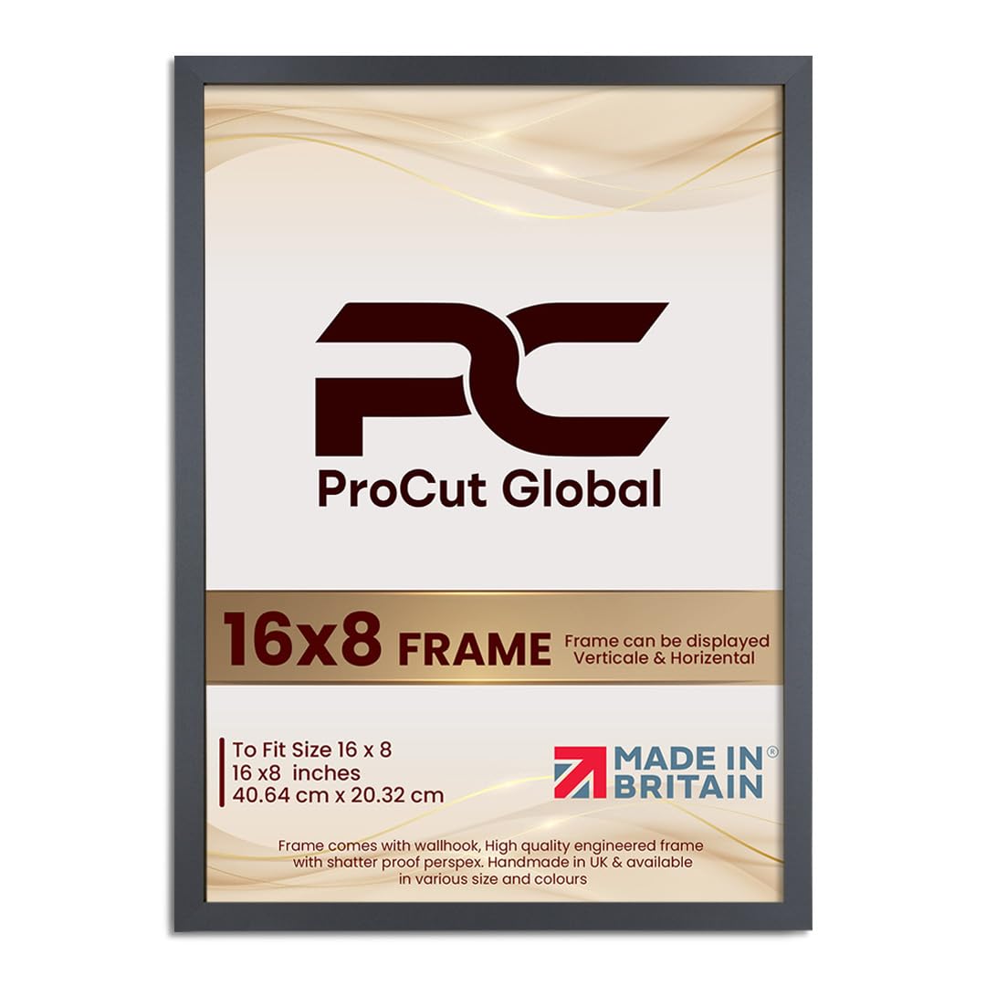 Procut Global 16X8 Dark Grey Picture Frames - Modern Wooden Photo Frame with Shatterproof Perspex for Wall or Tabletop - Perfect for Posters, Certificates, Prints - Sizes & Colors Available