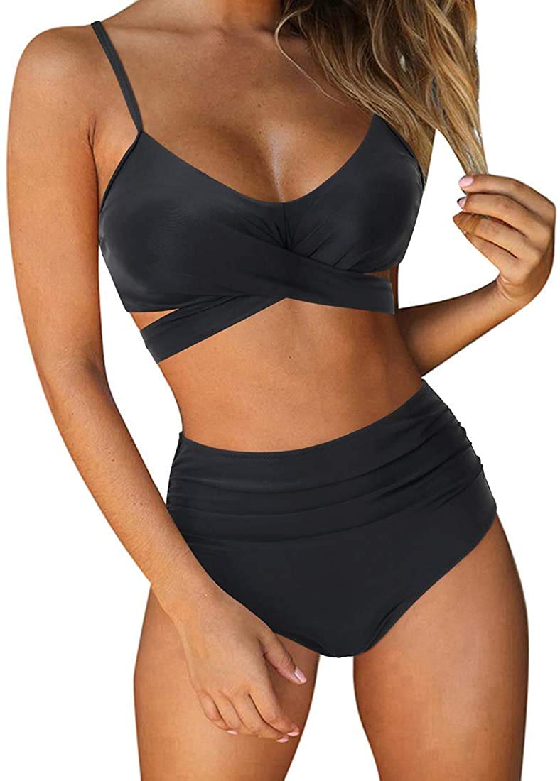 JFAN Bikini para Mujer Push Up Brasileños Bañador de Fruncido Traje de Baño de Cintura Alta Atar en la Espalda