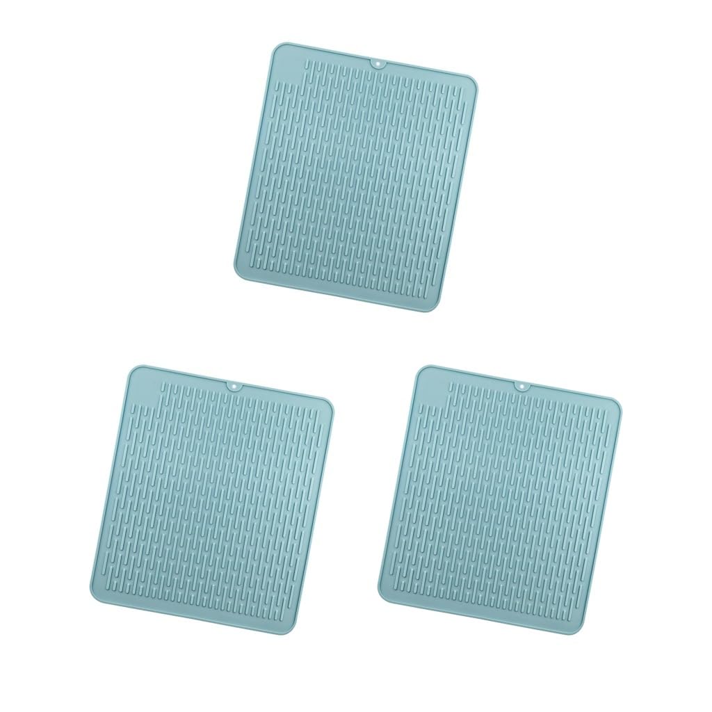Lot de 3 tapis d'évier Sile à séchage rapide, résistants à la chaleur, 45 x 40 cm, bleu, idéal pour comptoir de cuisine, design antidérapant et facile à nettoyer