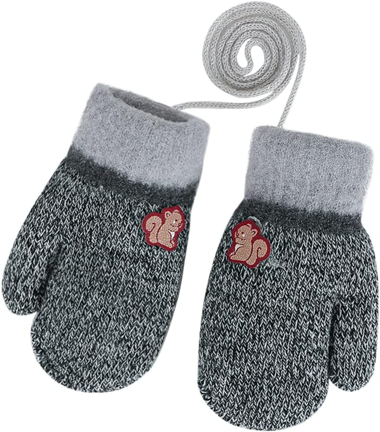 Toddler Warm Knit Mittens with String Windproof Thermal Fleece Gloves Winter Plush Mittens for Infant 0-2Year
