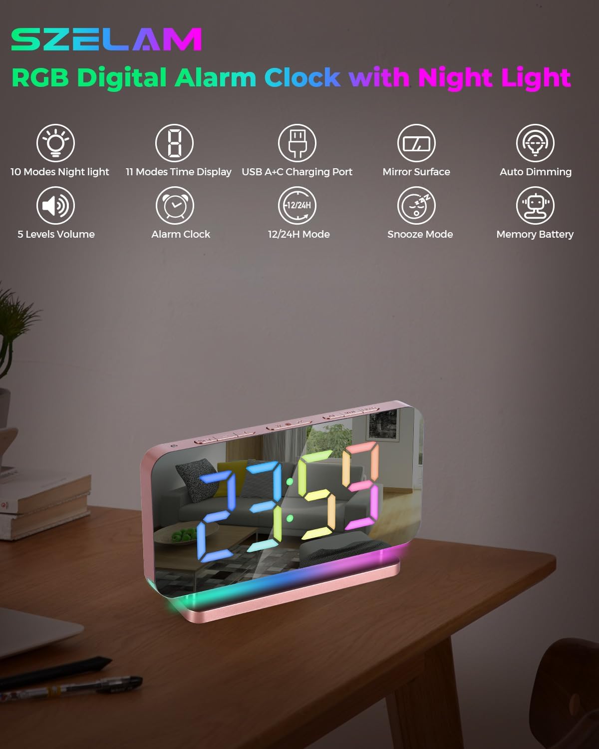 Image highlighting key features of the SZELAM RGB Digital Alarm Clock, including night light modes, time display modes, charging ports, mirror surface, auto dimming, volume levels, alarm, 12/24H mode, snooze, and memory battery.