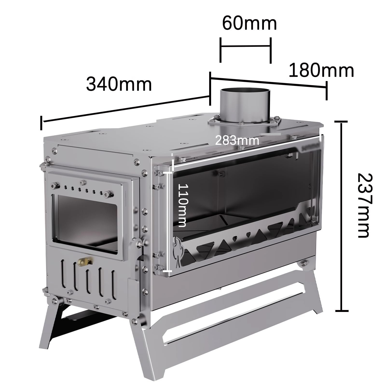 Stufa a Legna da Campeggio Acciaio Inossidabile 430 Finestra di Osservazione Bifacciale Cucine da Campeggio Tendas Presa D'aria Regolabile Adatto a Soggiorni e Terrazze(34 * 18 * 23.7cm)
