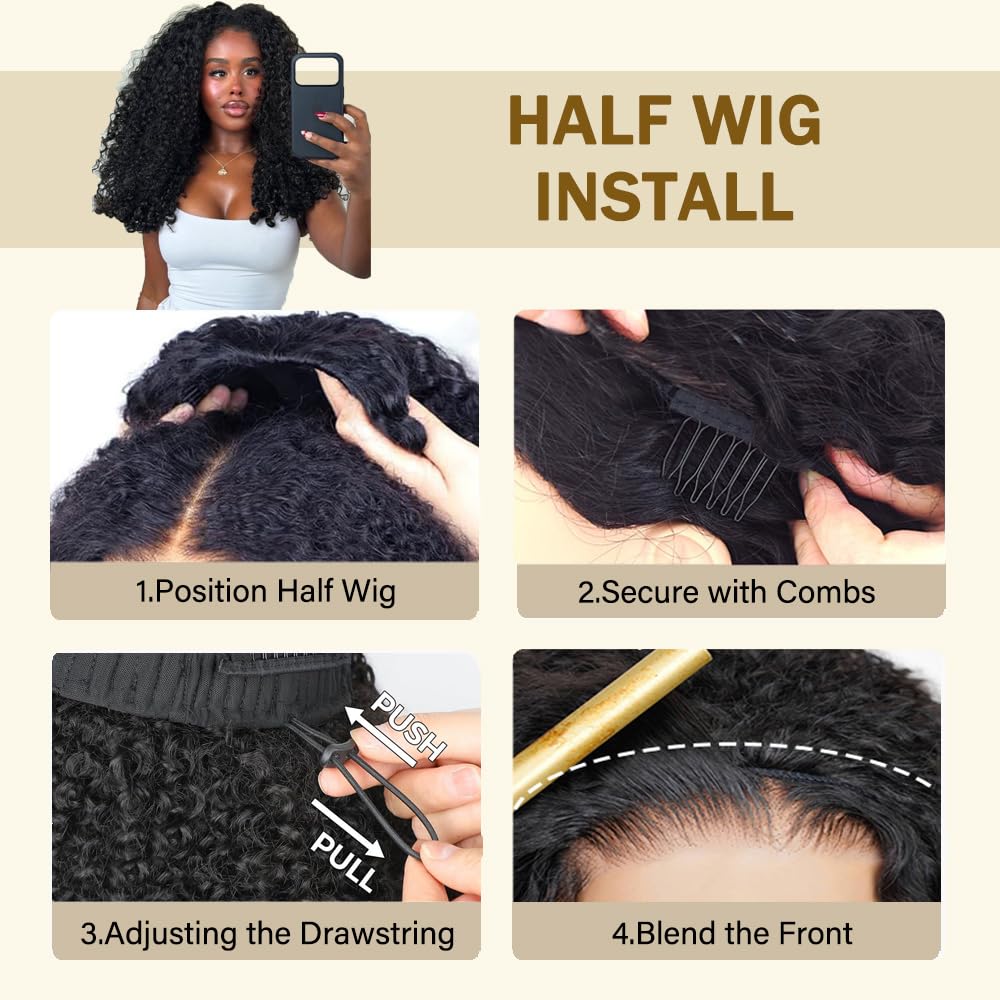 Burmese Curly Half Wig Human Hair Drawstring Seamless Flip Over Half Curly Wig Human Hair 200% Density Invisible Hairline Glueless Wear and Go 3 in 1 Wigs Beginner Friendly 16Inch