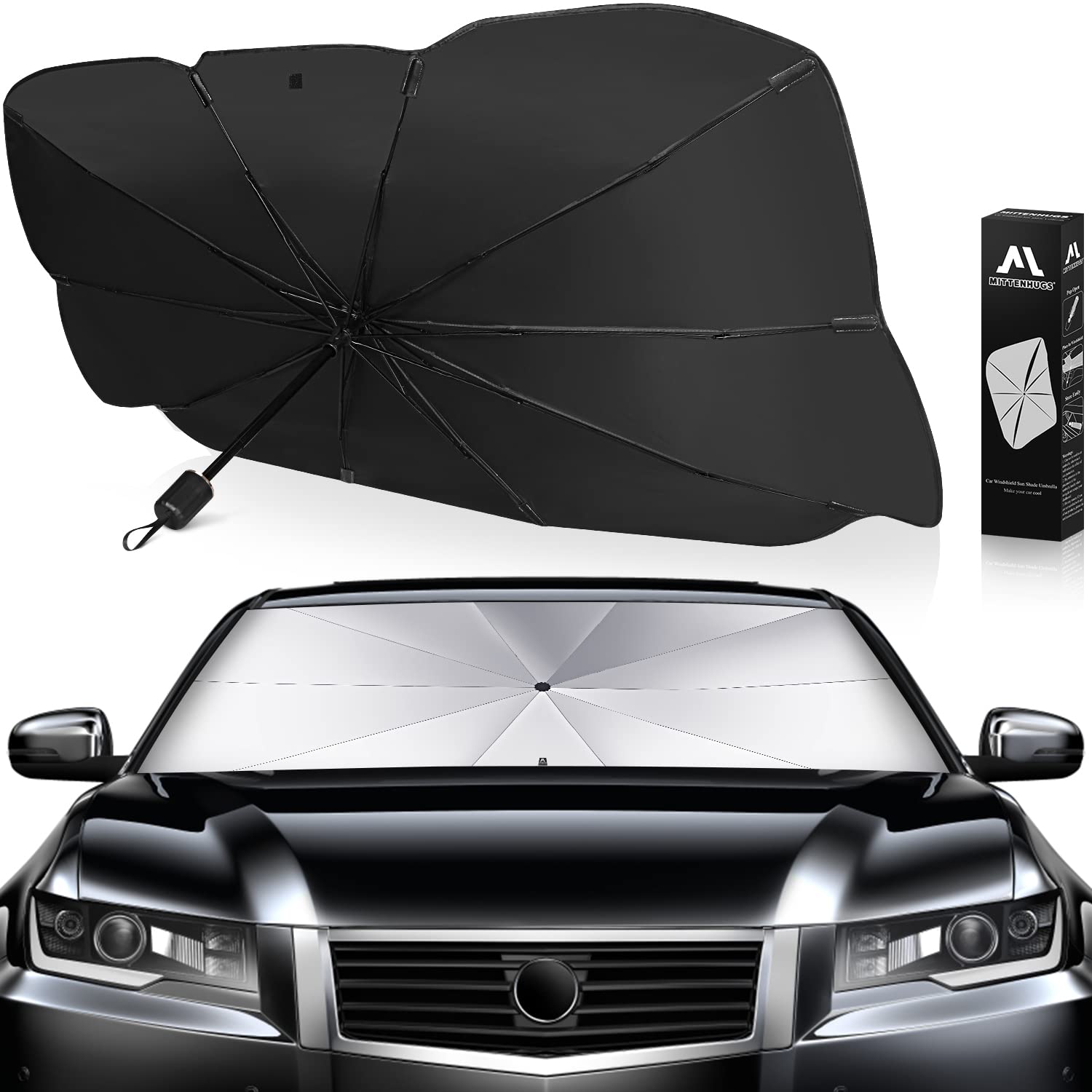 Windshield Sun Shade Umbrella, Car Windshield Sun Shade Foldable Cover Visor UV Ray Reflector, Car Sun Shade Windshield for Auto Trucks SUV Keeps Vehicle Cool Heat Insulation Protection(Black-Medium)