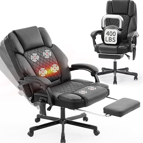Silla de oficina de masaje con calor 6 puntos de vibración, silla de oficina grande y alta, 400 libras, silla de escritorio ejecutiva de cuero con